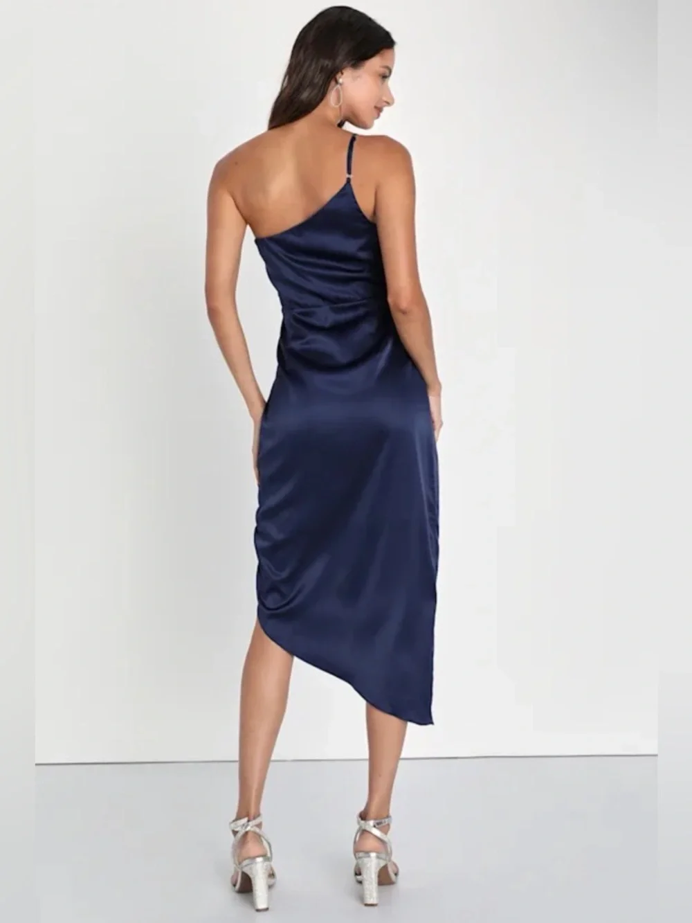 Lulus Law of Attraction Navy Blue One-Shoulder Asymmetrical Midi Dress - Picture 2 of 6